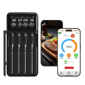 Smart Wireless Meat Thermometer with App Control 820FT Blue Tooth Range 4 Probes LCD Display IP67 Waterproof for BBQ Grill Oven