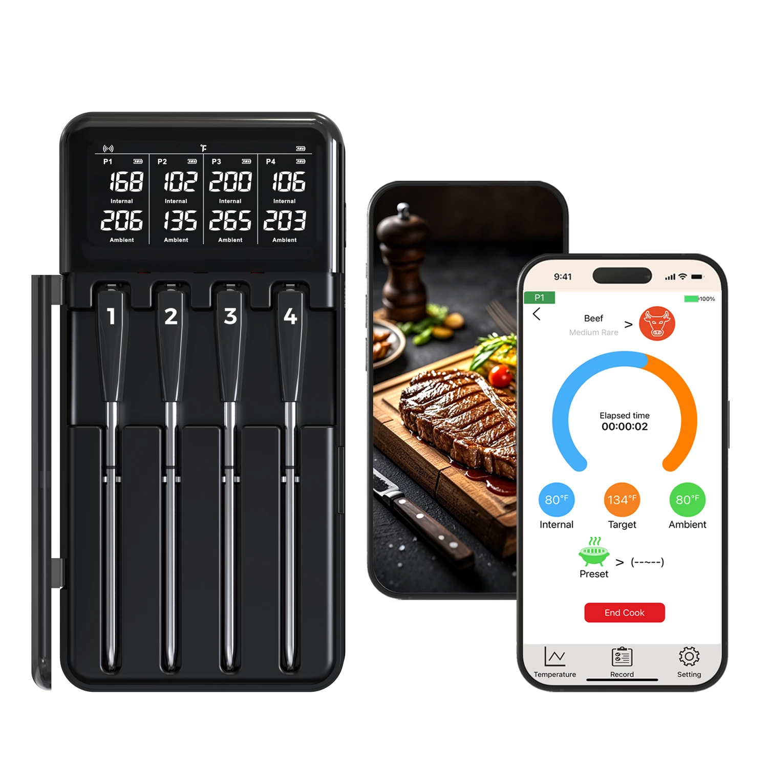 Smart Wireless Meat Thermometer with App Control 820FT Blue Tooth Range 4 Probes LCD Display IP67 Waterproof for BBQ Grill Oven